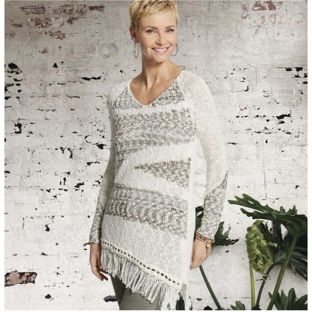 Chico's Fringe Ivory Cream Brown Valentina Pullover Size 2 (L/12) NWT